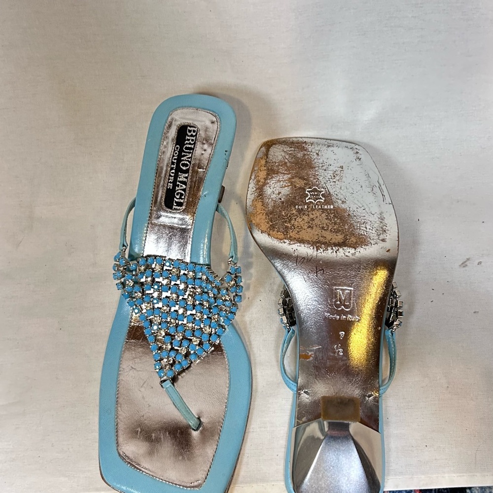 Vintage Y2K Bruno Magli Couture Aqua Rhinestone Kitten Heel Sandals Women's 7.5 - Picture 5 of 8